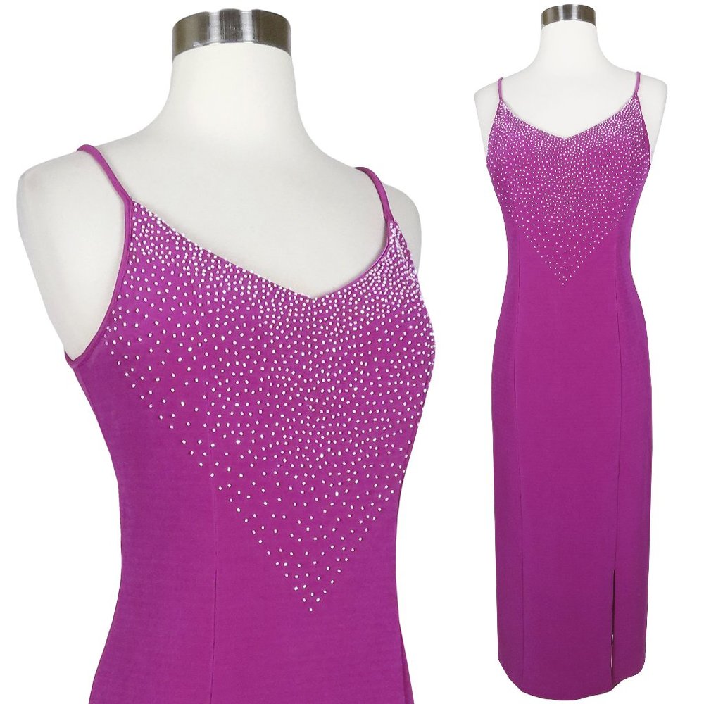 Vintage 80s 90s Pink Purple Magenta Beaded Sheath Slit Maxi Prom Party Dress S M